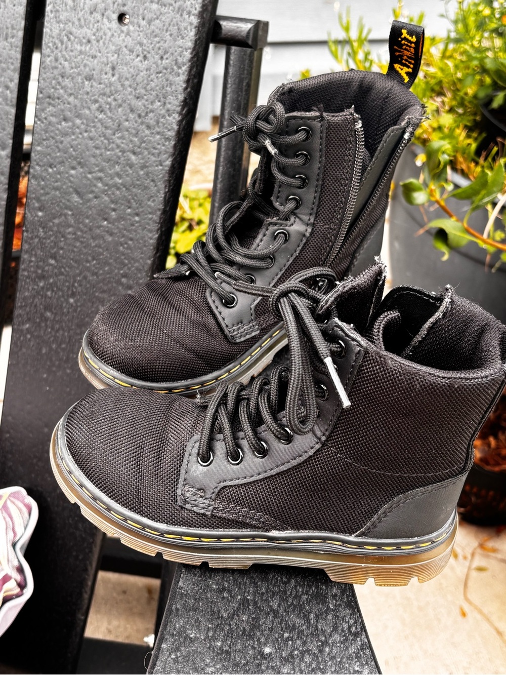 Dr. Martens kids Black Canvas Combat Boots with Yellow Stitching